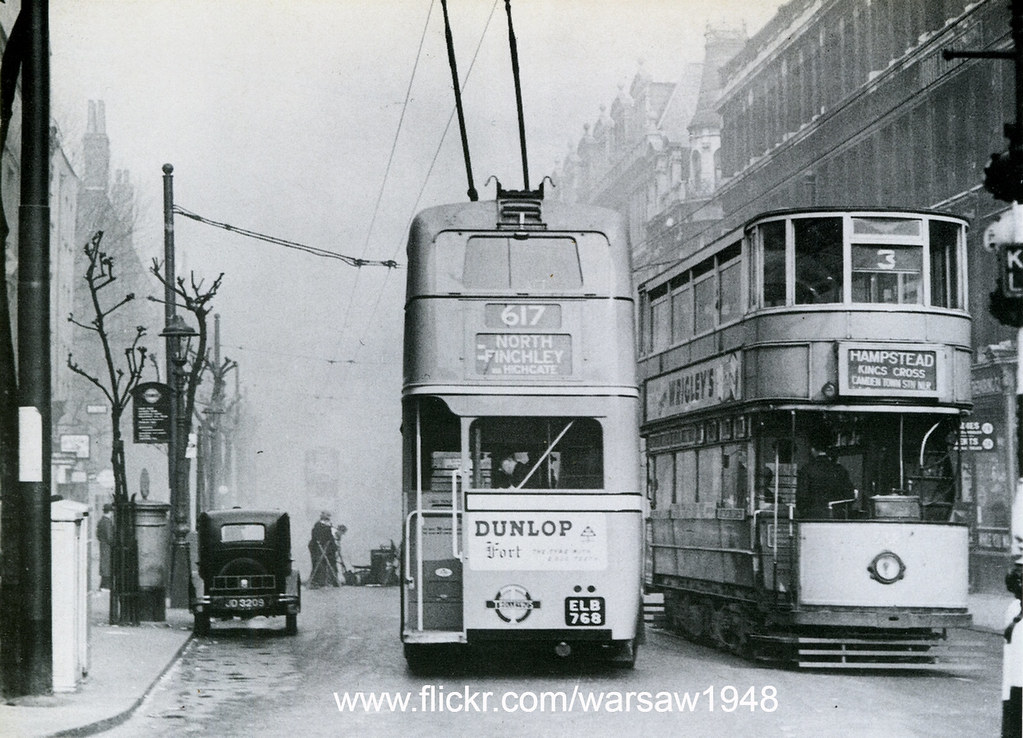 Holborn tram terminus, Gray's Inn Road 1938 - trolleybuses replace trams | by Warsaw1948